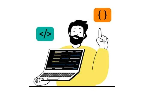 Web development concept with people scene in flat design. Man creating progra Stock Illustration