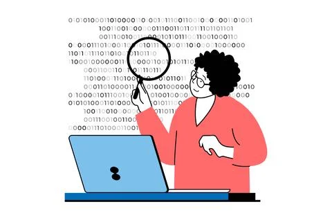 Web development concept with people scene in flat design. Woman with magnifie Illustrazione stock