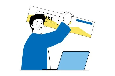 Web development concept with people scene in flat design. Man constructing ho Stock Illustration