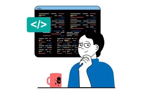 Web development concept with people scene in flat design. Man creating progra Stock Illustration