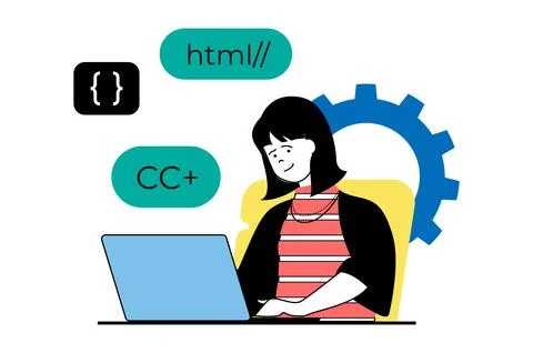 Web development concept with people scene in flat design. Woman working at la Illustrazione stock