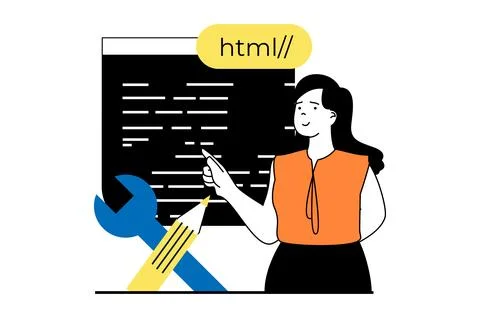 Web development concept with people scene in flat design. Woman coding and en イラスト素材