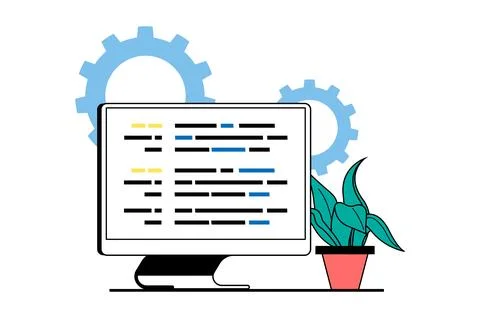 Web development concept with people scene in flat design. Coding and engineer 스톡 일러스트