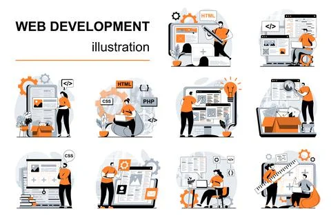 Web development concept with people scenes set in flat design. Women and men Stockillustratie