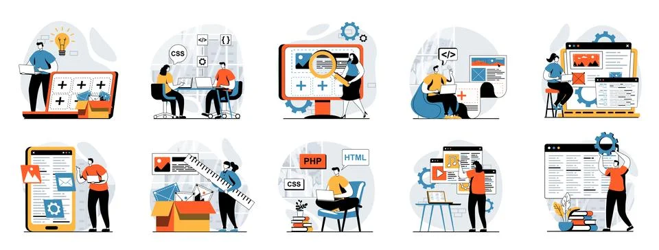 Web development concept with people scenes mega set in flat design. Bundle of Illustrazione stock
