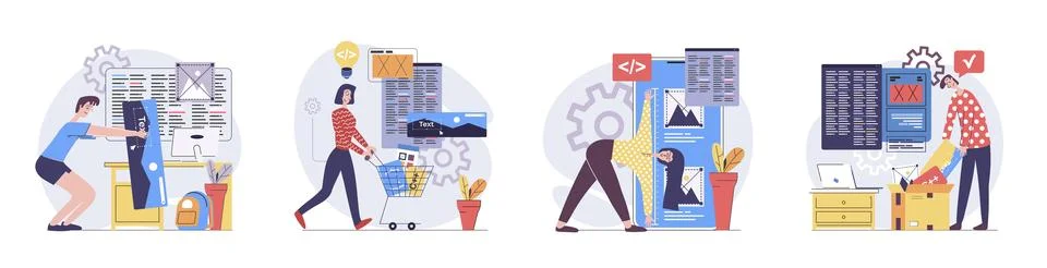 Web development concept with people scenes set in flat design. Collection o.. Illustrazione stock