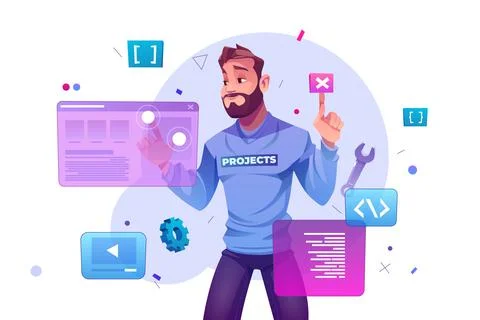 Web development concept with programmer and ar Stock-Illustration
