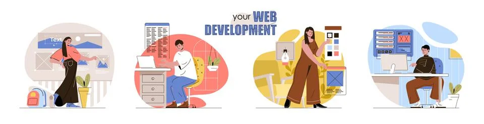 Web development concept scenes set. Developers create site layouts, interface Stock Illustration