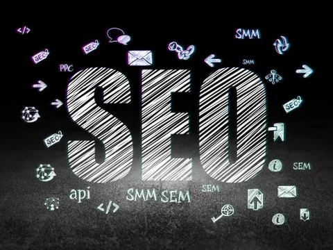 Web development concept: SEO in grunge dark room Stockillustratie