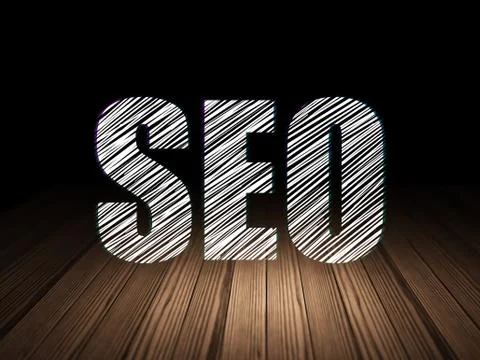 Web development concept: SEO in grunge dark room 库存插图