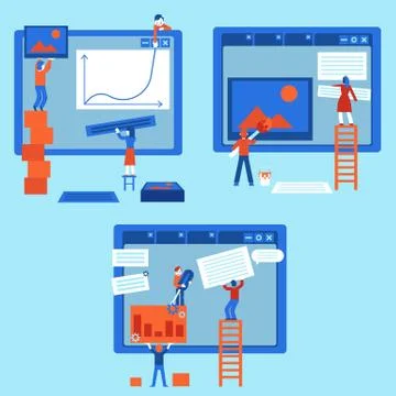 Web development concept set with people building website, painting and filling 스톡 일러스트