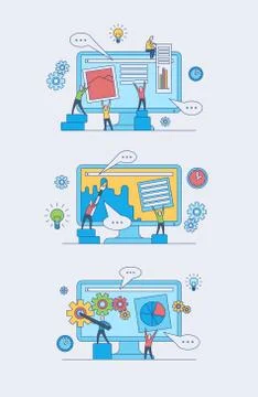 Web development concept set with people silhouette building website page 스톡 일러스트