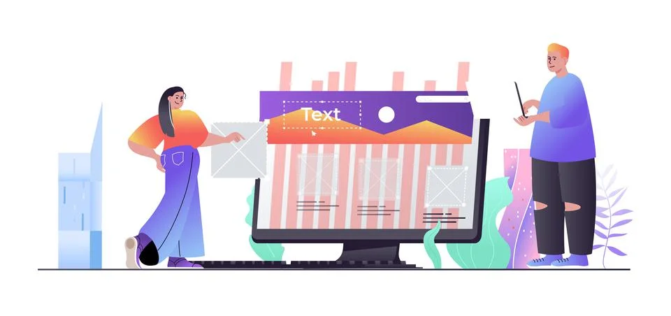 Web development concept for web banner. Man and woman create page layout Stockillustratie