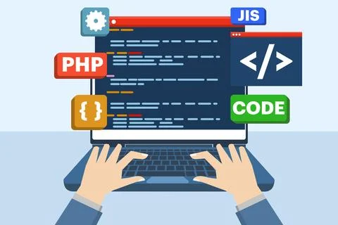 Web development concept, web design, computer programming, mobile app design. Illustrazione stock