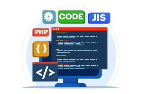 Web development concept, web design, computer programming, mobile app design. 스톡 일러스트