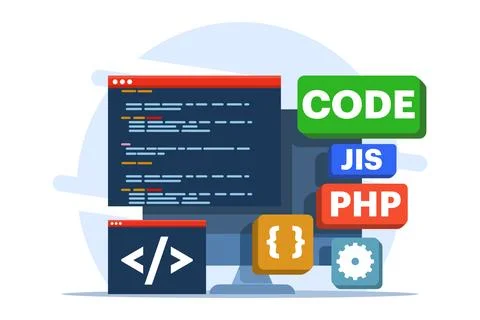 Web development concept, web design, computer programming, mobile app design. Stock Illustration