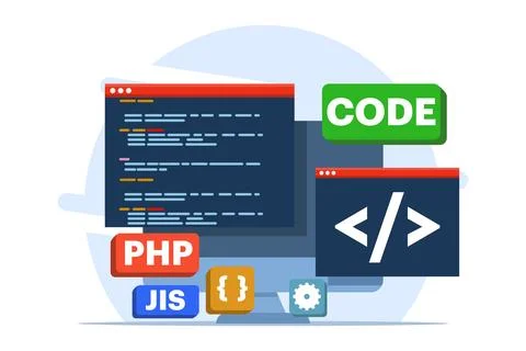 Web development concept, web design, computer programming, mobile app design. 스톡 일러스트