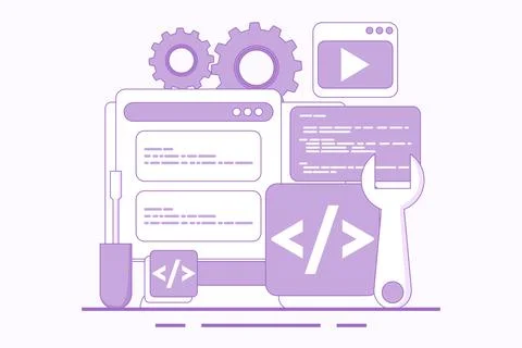 Web development concept, website builder, app development. Illustrazione stock