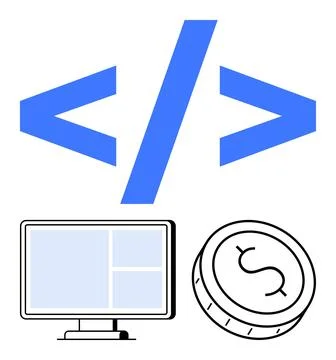 Web Development Concepts Represented by HTML Tags, Computer Monitor, and Co.. Stock Illustration