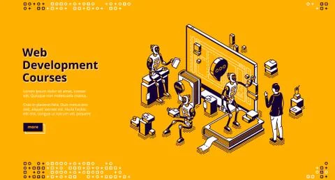 Web development courses isometric landing page 스톡 일러스트