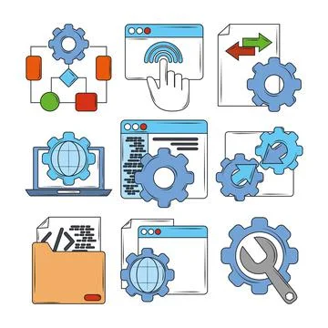 Web development digital software coding setting support process icons Stock Illustration