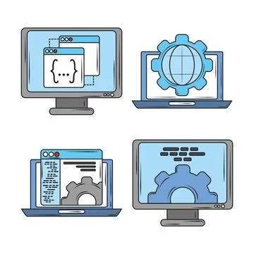 Web development digital software programming and coding, laptop computer screens Stock Illustration