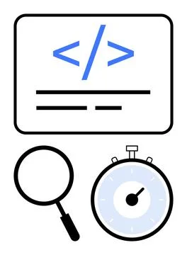Web Development Elements with Coding Symbols, Magnifying Glass, and Stopwatch Stock Illustration