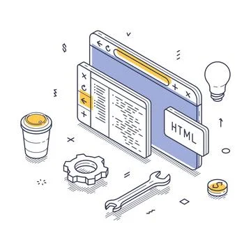 Web development elements featuring coding, tools, and icons isometric line ar Stock Illustration