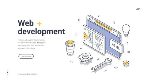 Web development elements featuring coding, tools, and icons isometric line .. Stock Illustration