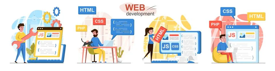 Web development flat design concept scenes set Stock Illustration