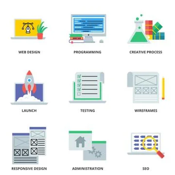 Web development flat icons set 스톡 일러스트