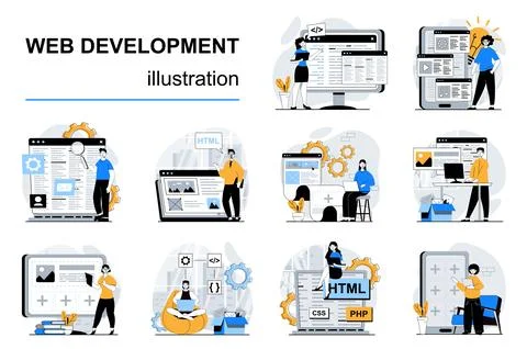 Web Development Flat Illustrations 스톡 일러스트