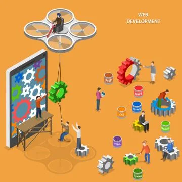 Web development flat isometric vector concept. Stock Illustration