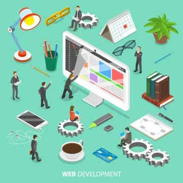 Web development flat isometric vector concept. Stock Illustration