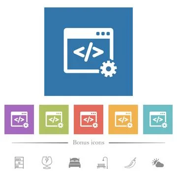 Web development flat white icons in square backgrounds Illustrazione stock