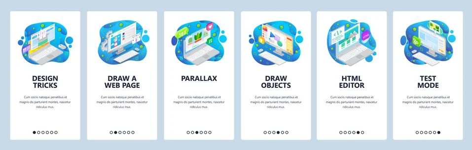 Web development, icometric computer icons, html code. Mobile app onboarding Illustrazione stock