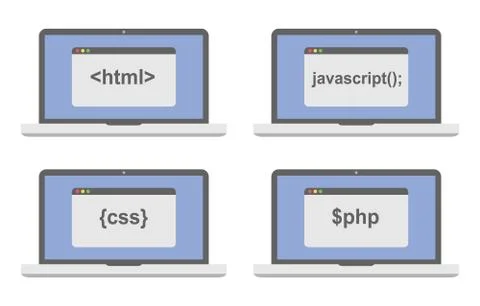 Web development icon set - laptop screen shows internet html tags css styles, Stock Illustration