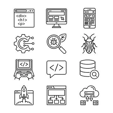 Web development icons set with coding, debugging, database, cloud computing.. Stockillustratie
