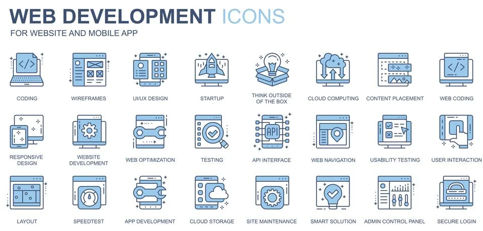 Web development icons set in duotone line design. Pack of coding, ui, ux, sta Stock Illustration