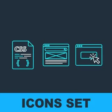 Web development icons set showing CSS file with code brackets, browser wind.. Stock Illustration