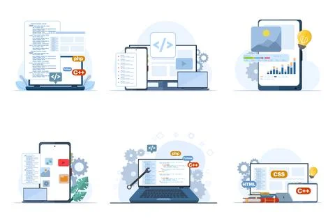 Web development illustration set featuring programmers, coding, HTML, CSS, UI. Ilustración de archivo