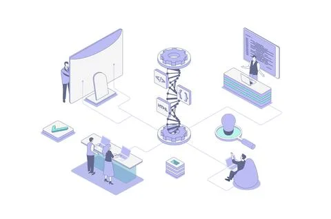 Web development isometric concept in outline isometry design for web. People  Stock Illustration