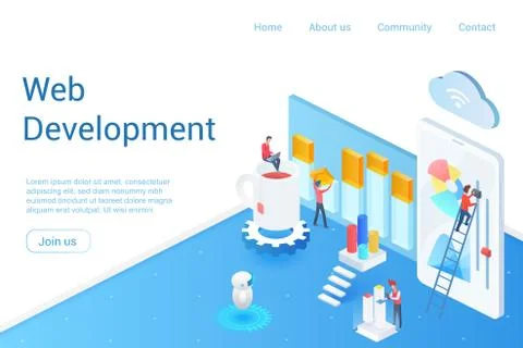 Web development isometric landing page vector template Stock Illustration
