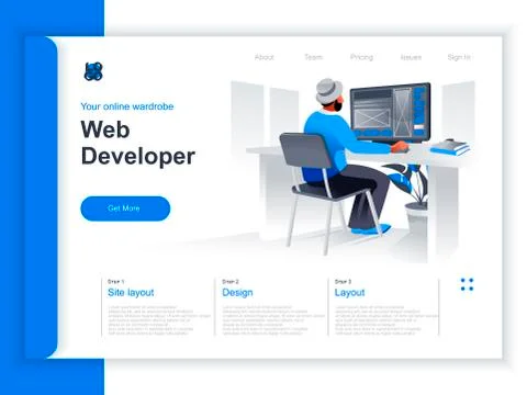 Web development isometric landing page. Illustrazione stock