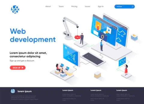 Web development isometric landing page. Stock Illustration
