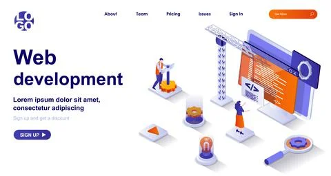 Web development isometric landing page. Development of interface site code Stock Illustration