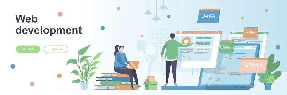 Web development landing page with people characters. Software engineering web Stock Illustration