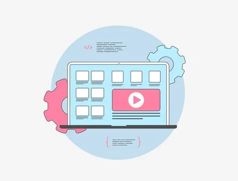 Web development - laptop screen, video play button, UI layout and gears. User Stock Illustration