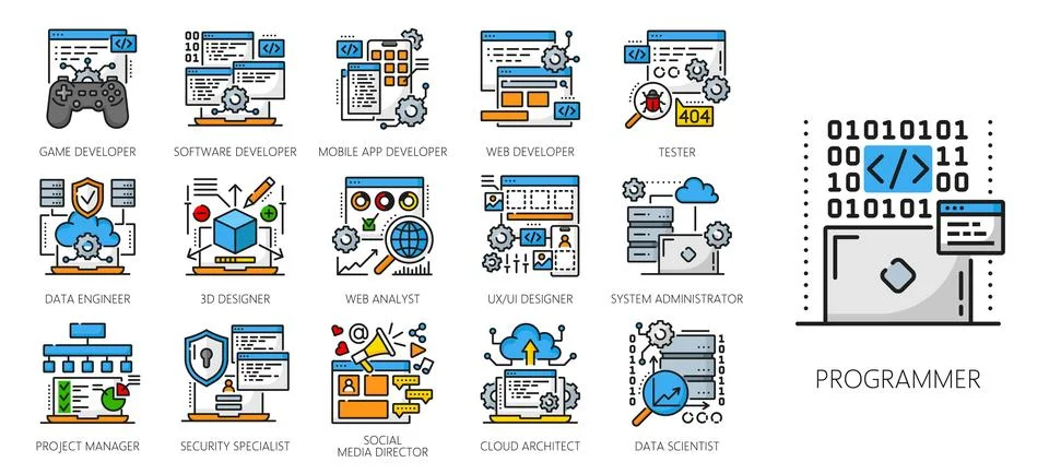 Web development line icons of IT specialist career イラスト素材