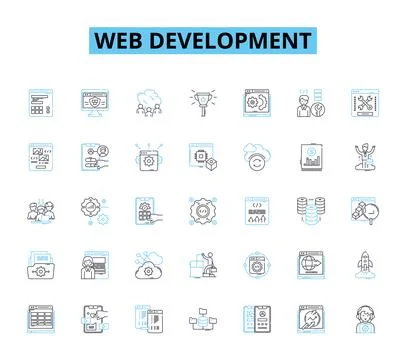 Web development linear icons set. HTML, CSS, JavaScript, PHP, Python, Ruby Stock Illustration